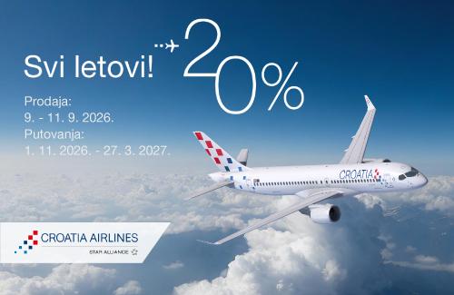 Iskoristi 20 % popusta na sve letove! Kupi kartu s popustom od 9. do 11.9., a putovati možeš od 1.11.2026. do 27.3.2027.